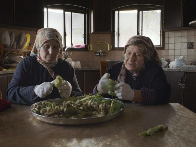 Two women clean vegetables on a table